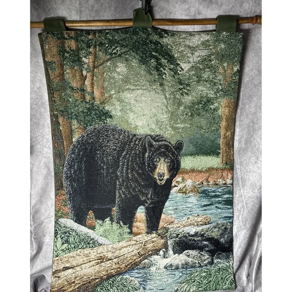 BLACK BEAR Wall Tapestry With Hanging Rod Cabin Hunting‎ Mancave Decor 35